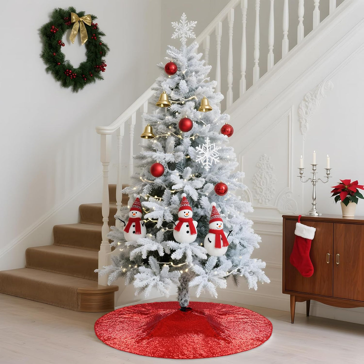 Eternal Beauty Christmas Tree Skirt, 24 Inch Red Sequin Tree Skirt Small Xmas Tree Skirt for Christmas Tree Decorations