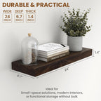 Wood Floating Shelves for Wall, 24" Floating Shelves Wall Mounted, Rustic Old Elm Wood Shelves for Home Decor, Heavy-Duty Storage Shelves for Books, Bathroom, Kitchen, Walnut Color, Set of 2