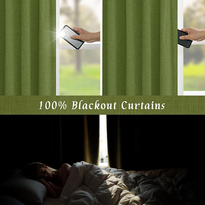 100% Blackout Linen Curtains for Bedroom 45 Inches Long 2 Panels | Sage Green - Image 4