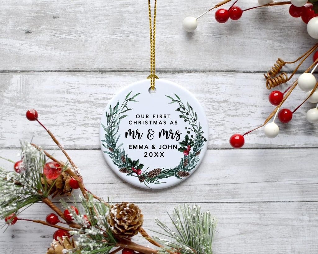 Andaz Press Personalized Our First Christmas As Mr. & Mrs. 2024 Christmas Ornaments Holly & Pinecone Wreath 2.8" Round Porcelain Ceramic 1St Year Married Custom First Christmas Married Ornament 1-Pack