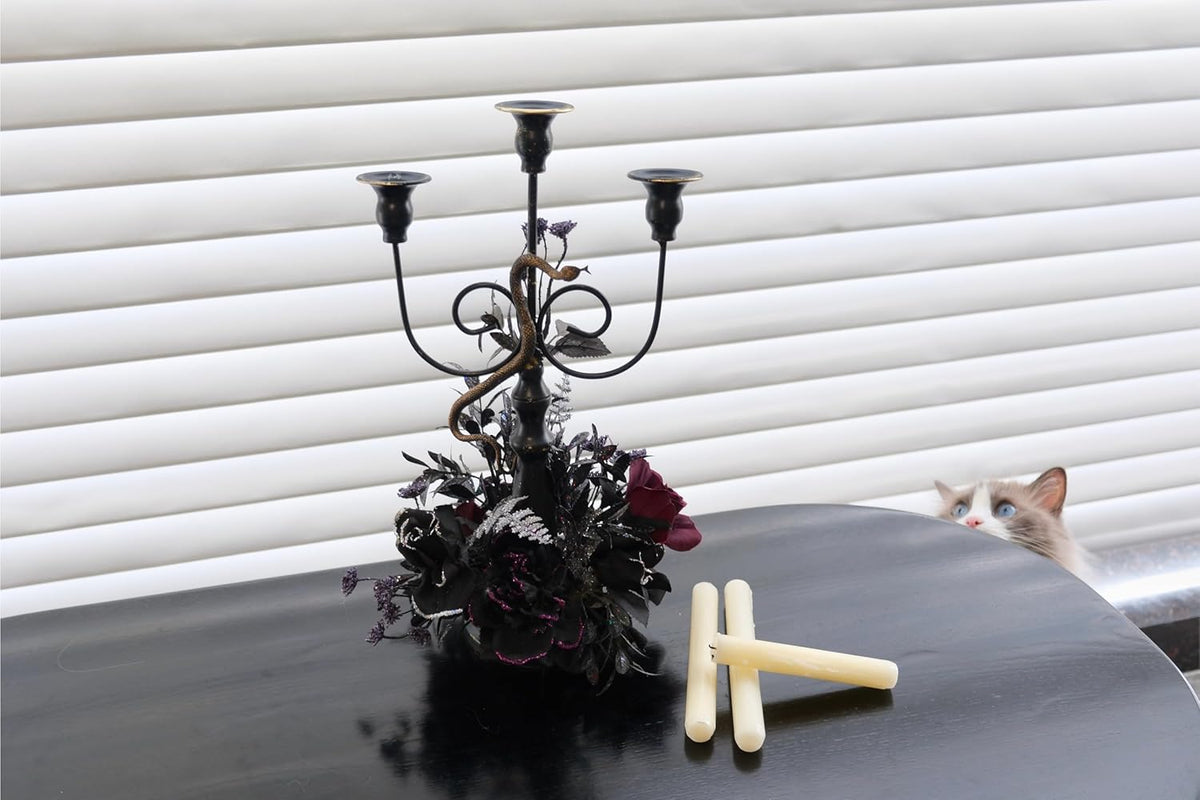 Halloween Candle Holder, 3 Arms Metal Candelabra, Black Candlestick Holder, Gothic Spooky Halloween Decor for Coffee Table/Dining Table Centerpiece, 18" Height