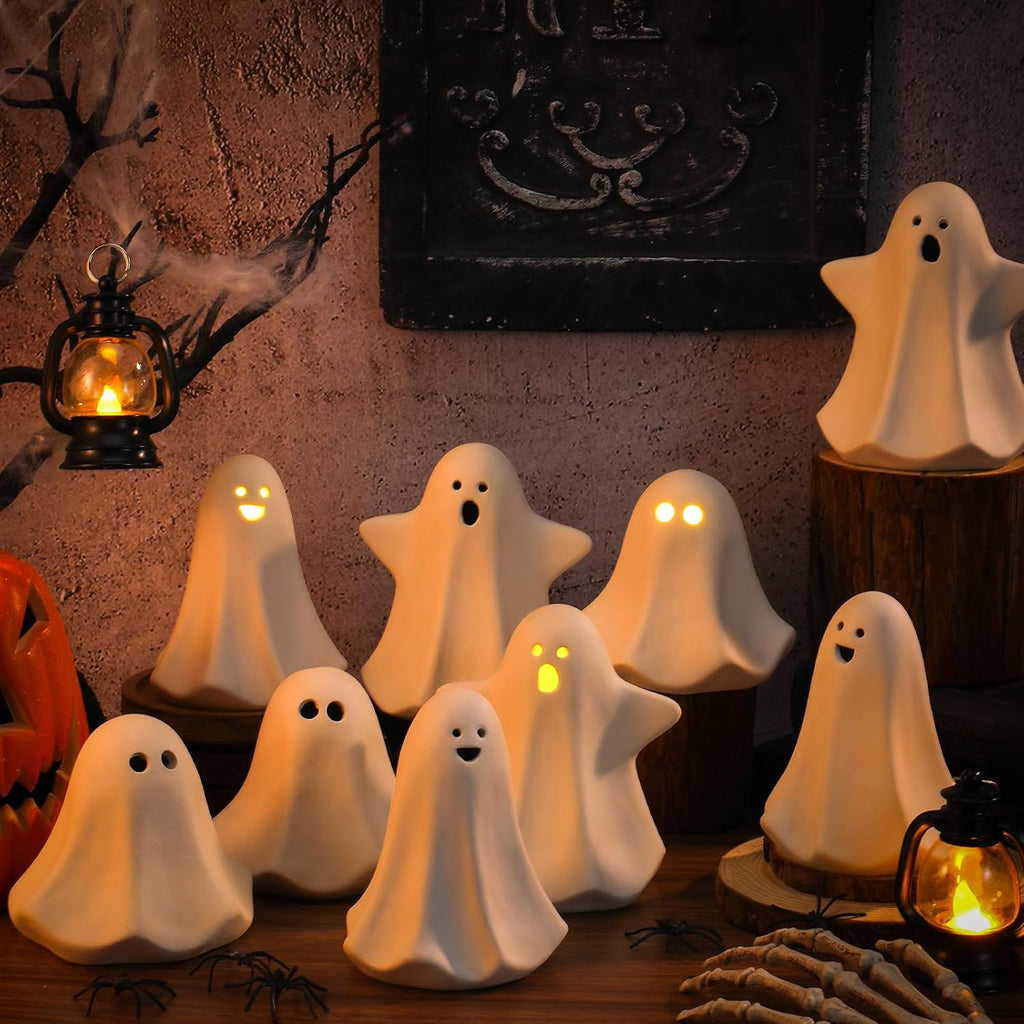 Domensi 9 Pcs Halloween Ceramic Ghost Figurines with LED Lights, Large 5.12 White Spooky Ghost Sculpture Statue Cute Halloween Miniatures for Gifts Centerpiece Table Mantel Collections Decorations
