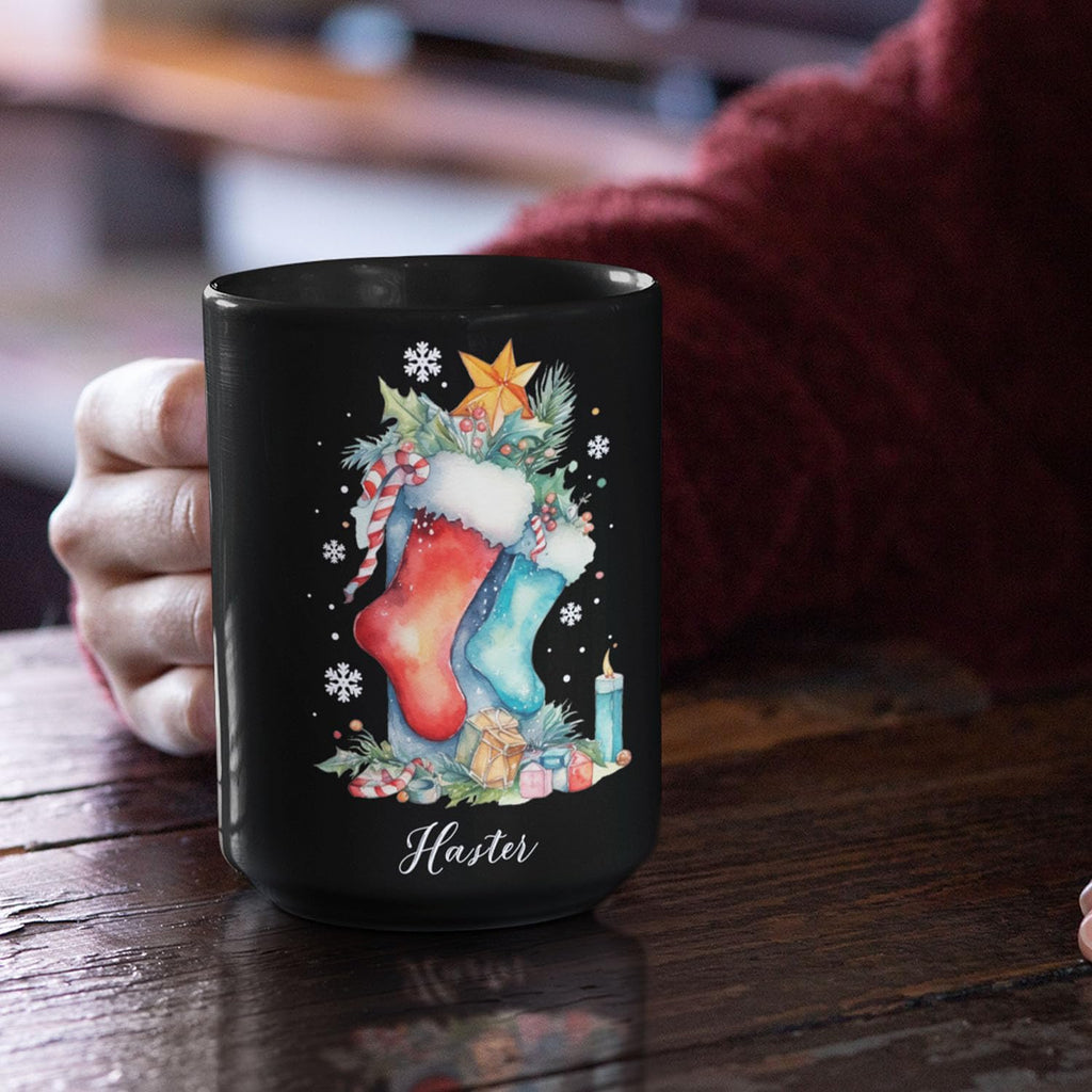 Custom Funny Christmas Cup, Christmas Sock With Gifts And Candle Design Mug, Customized Name Christmas Black Cup 11oz 15oz, Personalized Coffee Mug For Christmas, Christmas Sock Detailed Cup