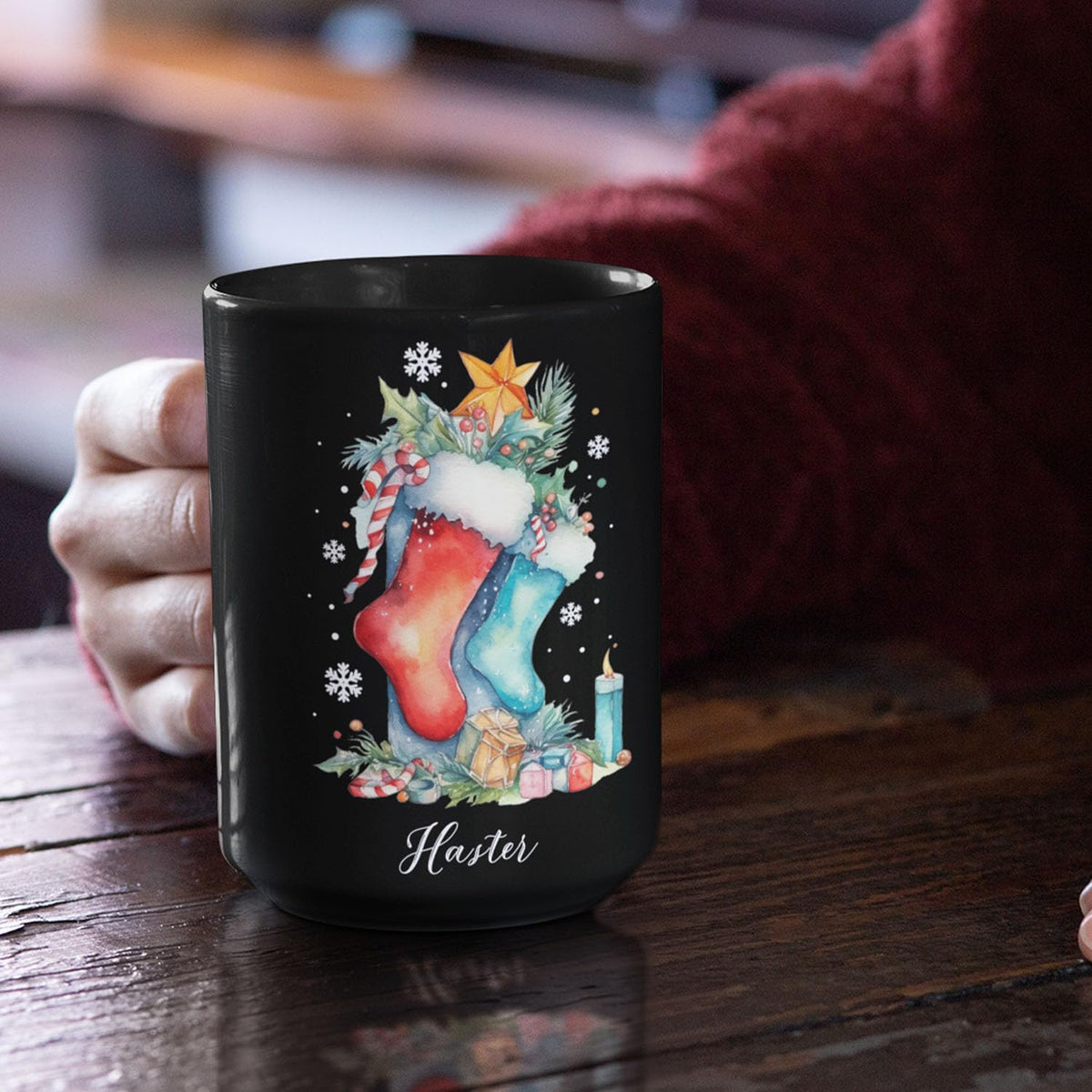 Custom Funny Christmas Cup, Christmas Sock With Gifts And Candle Design Mug, Customized Name Christmas Black Cup 11oz 15oz, Personalized Coffee Mug For Christmas, Christmas Sock Detailed Cup