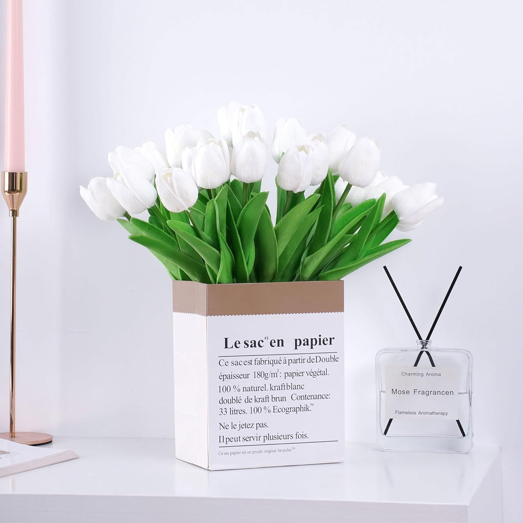 20pcs White Artificial Tulip Fake Flower 12.9 Inch Spring Mother's Day Easter Gift for Home Kitchen Wedding Decoration