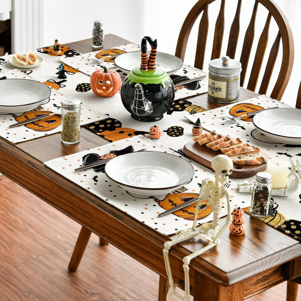 Artoid Mode Beige Polka Dot Ghost Pumpkin Cat Boo Halloween Placemats Set of 4, 12x18 Inch Seasonal Table Mats for Party Kitchen Dining Decoration