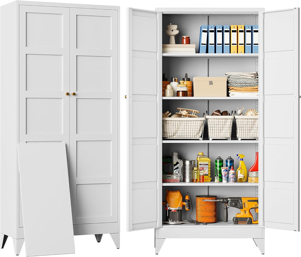 Metal Storages Cabinet with 2 Doors and 5 Shelves,Tall Storage Cabinet,Large Cupboard Closet,Pantry Storage Cabinet for Home,Office,Bathroom,Dining/Living Room (White, 71" H)
