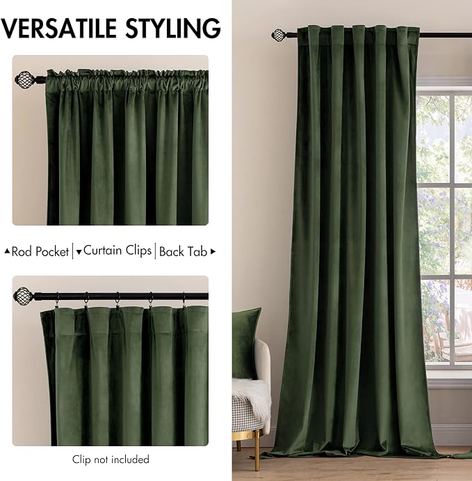 MIULEE Velvet Curtains 52x120 inches 2 Panels Olive Green Blackout Curtains | - Image 2
