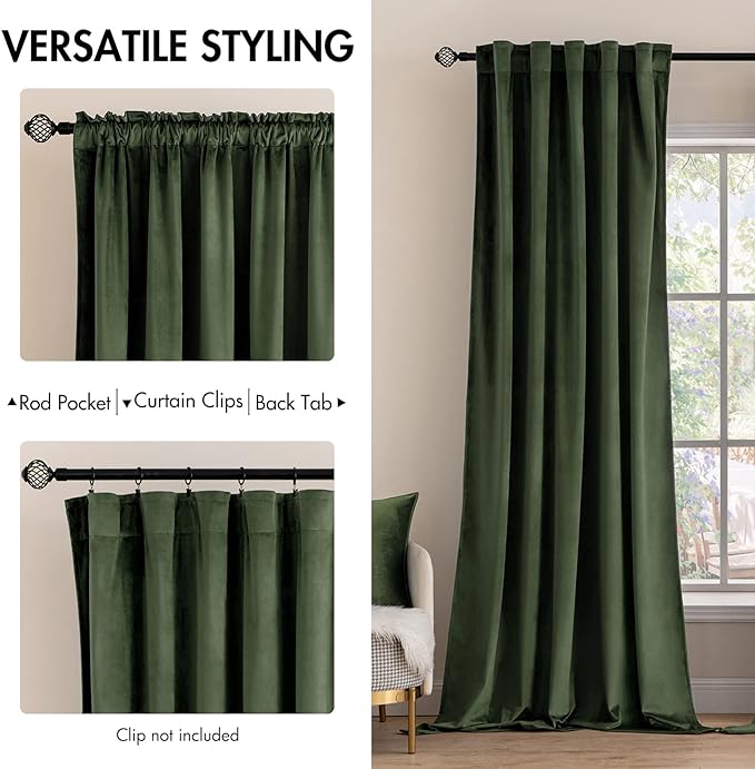 MIULEE Velvet Curtains 52x102 inches 2 Panels Olive Green Blackout Curtains | - Image 2