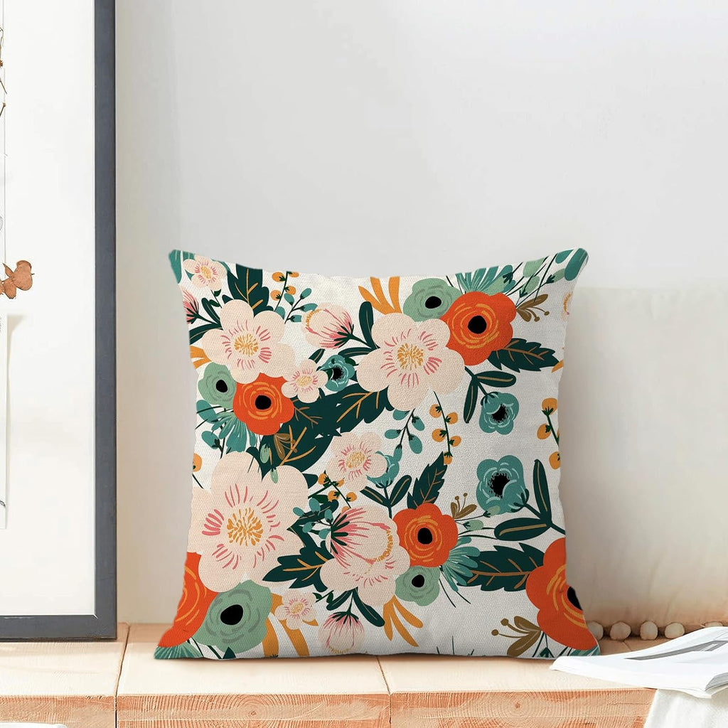 CXMEIFLY Spring Pillow Covers 18 x 18 Inch Set of 2 for Watercolor Flowers Decor Throw Pillows Pink Red Green Plant Floral Outdoor Decorative Cushion Cases for Couch Bed Decorations