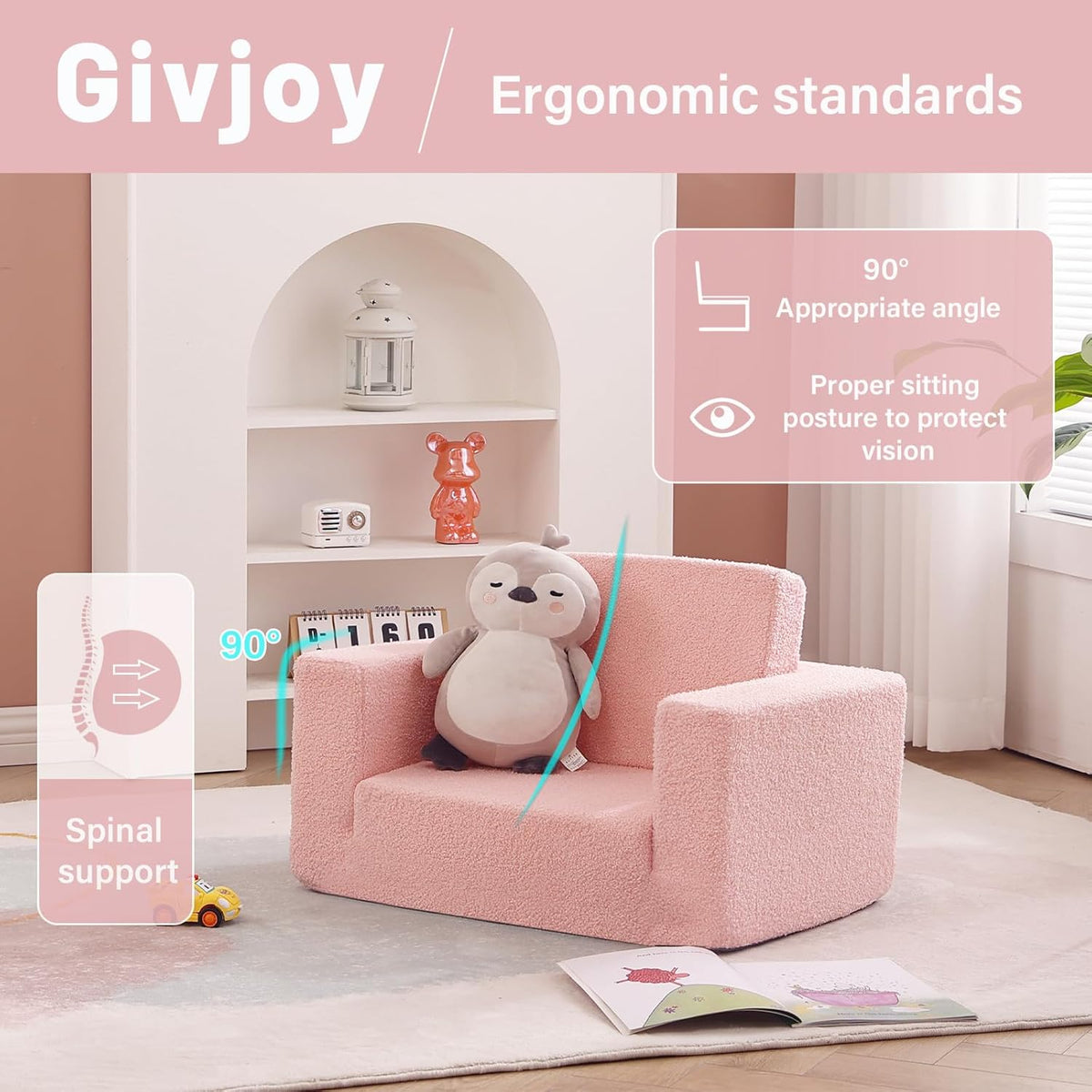 2-in-1 Toddler Chair Sherpa Couch - Soft Kids Lounger for Bedroom, Convertible Sofa for Girls and Boys, Reading Chair, Pink