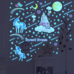 Glow in The Dark Unicorn Castle Wall Decals,Peel and Stick Colorful Unicorn Wall Stickers with Moon Stars Sweet Dream Wall Art for Girls Kids Bedroom Nursery Party Home Decor(Blu-ray)