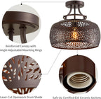 WUZUPS Chandelier Rustic Farmhouse Industrial Round Semi-flushmount Ceiling LED Light Fixture with Later-Cut Openwork Drum Shade, H 11.8" x W 13.4", Oil Rubbed Bronze