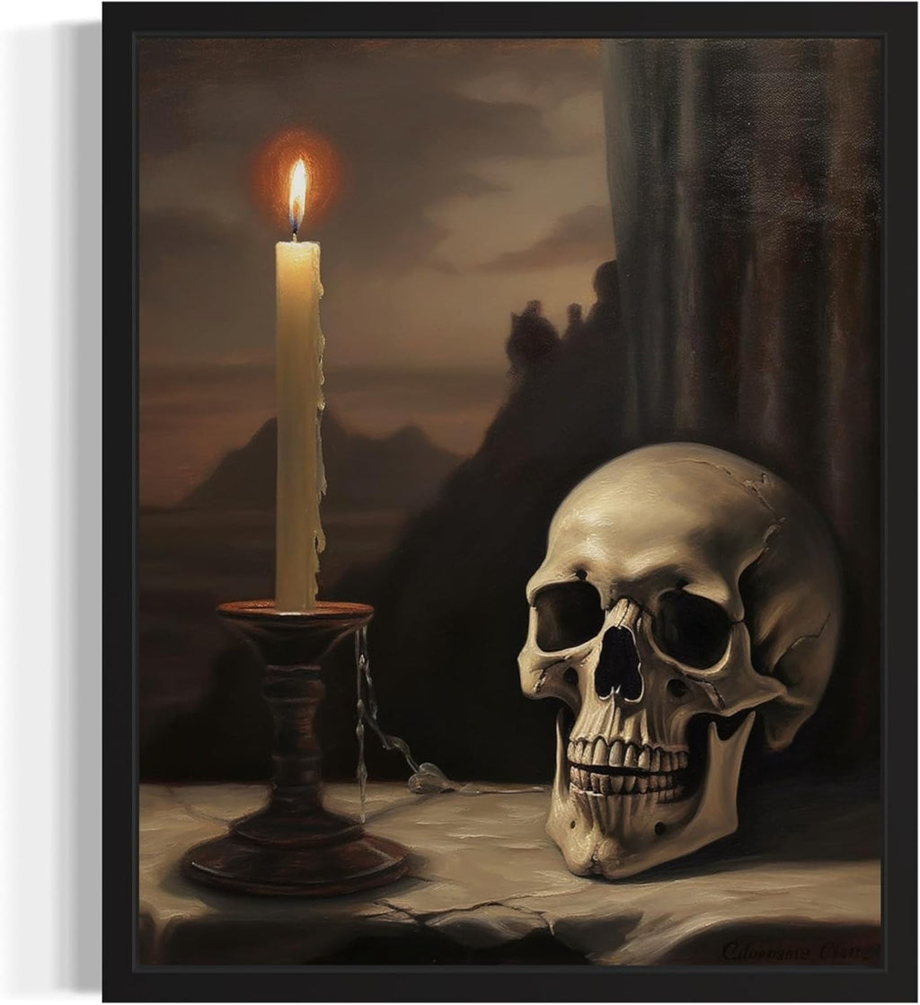 Skull and Candle Poster Art Print, Halloween Scary Vintage Wall Art Academia Spooky Painting Decoration for Horror Prints, Gothic Posters Bedroom Decor 89 (Skull and Candle, 16 x 20 inches, Unframed)