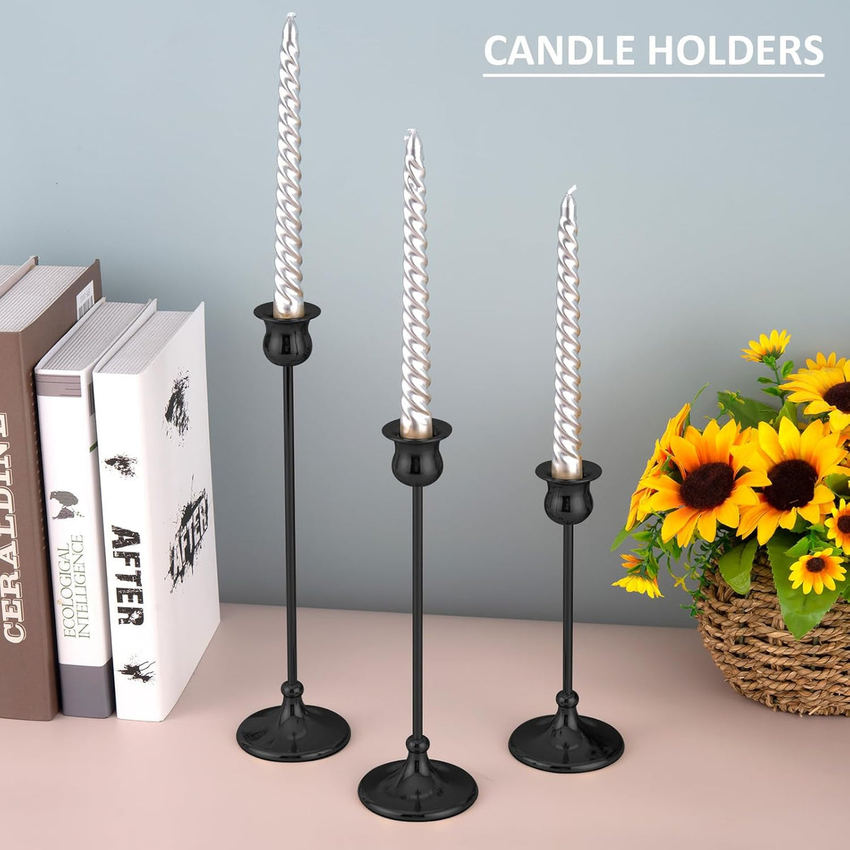 Taper Candle Holder Tall Vintage Metal Candlestick Holders Candle Stick Candelabra for Halloween Thanksgiving Christmas Holiday Wedding (Matt Black, 1 Set (3 pcs))