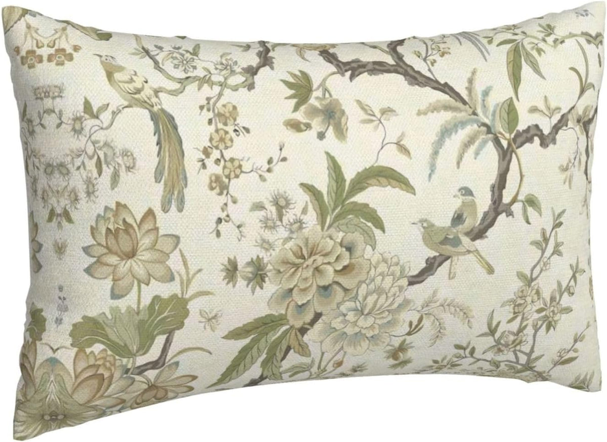 CXMEIFLY Spring Floral Birds Pillow Covers 12 x 20 Inch Set of 2 for Chinoiserie Flowers Decor Throw Pillows Sage Green Plant Outdoor Decorative Cushion Cases for Couch Bed Decorations