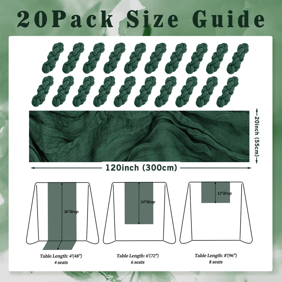 Emerald Green 20 Pack Cheesecloth Table Runner 10FT Boho Fabric Rustic Cheese Cloth Table Runner for Wedding 20 x 120 Inch Long Bridal Shower Baby Shower Gauze Sheer Birthday Party Table Decorations
