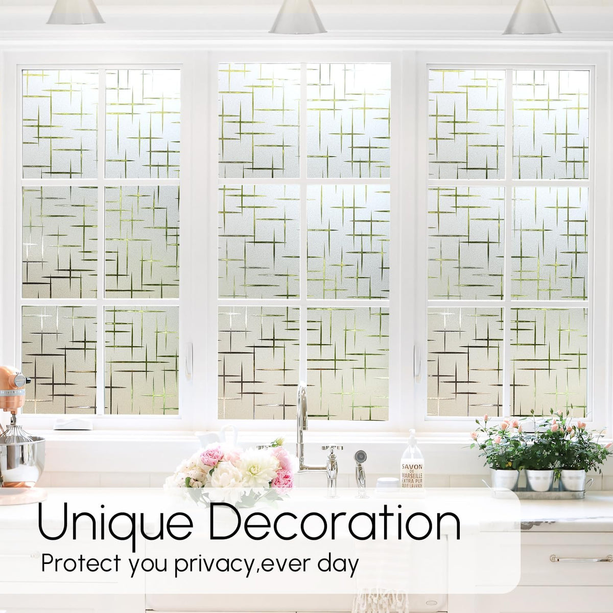 HIDBEA Window Privacy Film, Decorative Staic Cling Frosting Film, Heat Control UV Blocking Non-Adhesive Window Sticker for Home, Cross Pattern,35.4 X 78.7 Inches