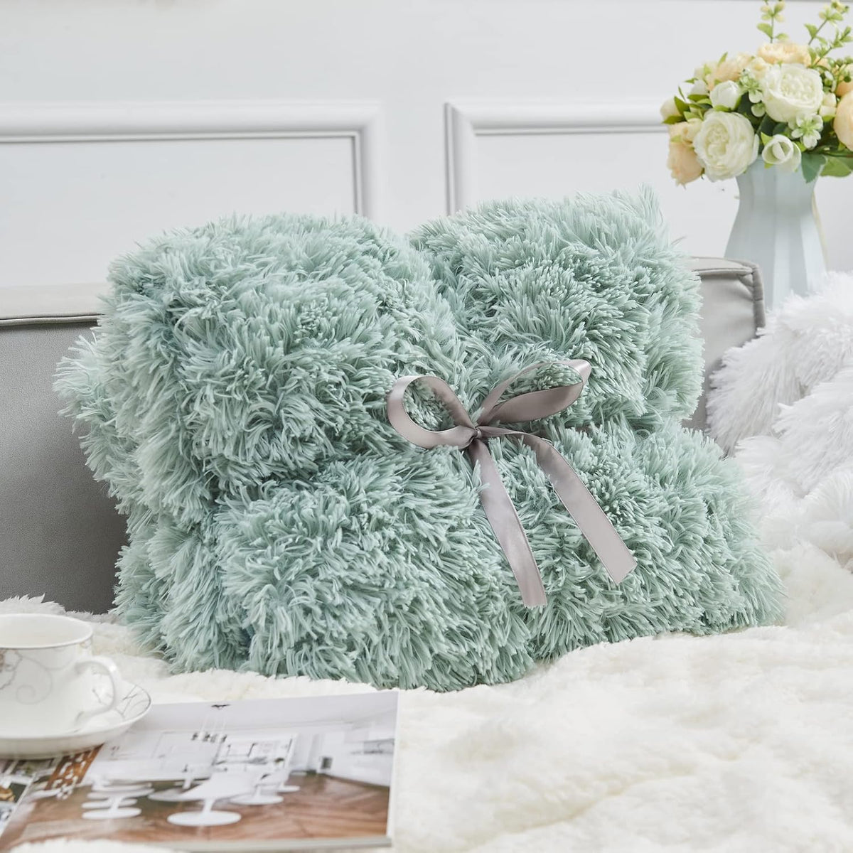 GONAAP Fuzzy Faux Fur Throw Blanket Ice Blue Super Soft Cozy Plush Fuzzy Shaggy Blanket for Couch Sofa Bed (Ice Blue, Throw(50"x60"))
