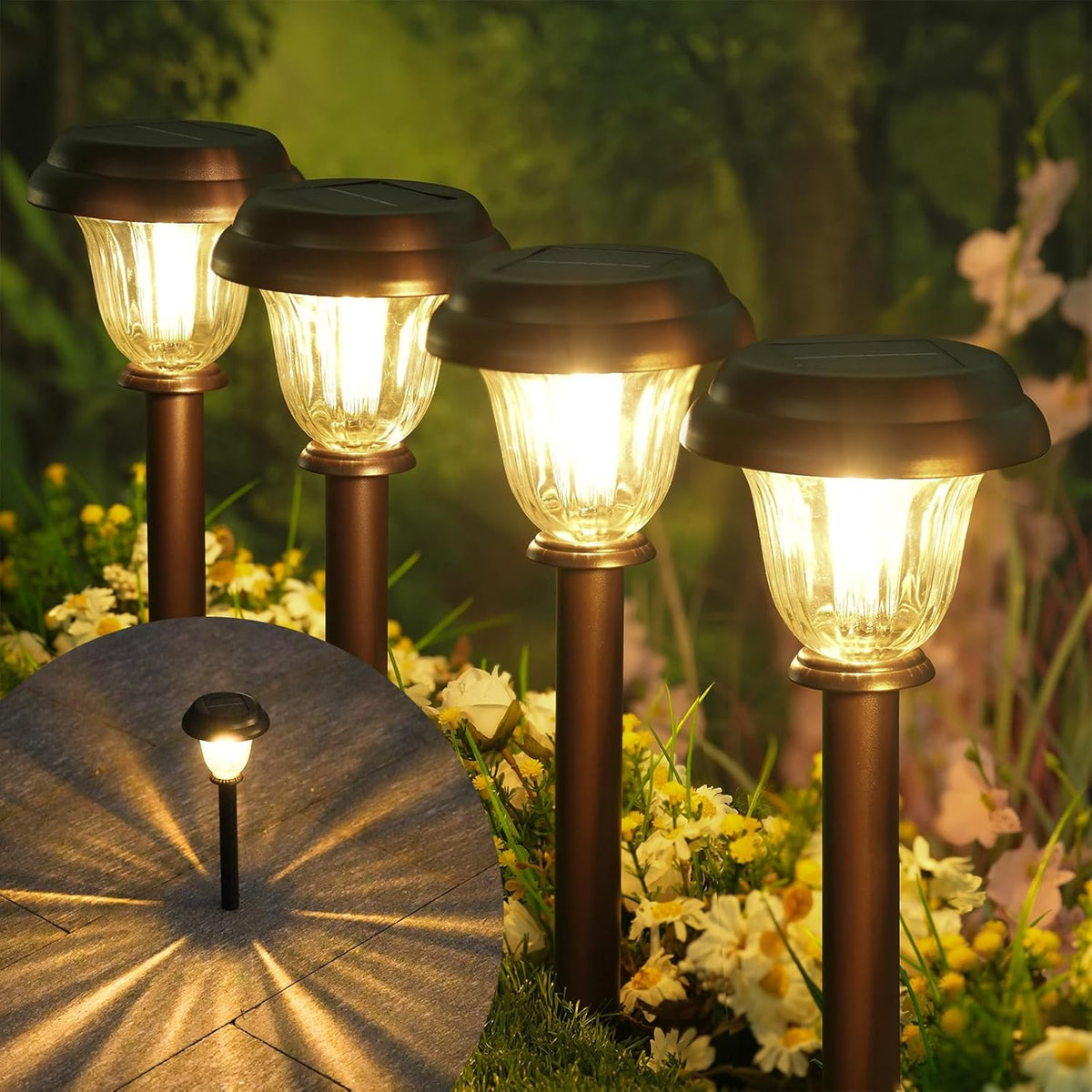 DERAYSION Solar Lights Outdoor 6 Pack, Stainless Steel Glass Solar Pathway Lights, Auto On/Off Long-Lasting Waterproof Landscape Lighting for Garden, Landscape, Path, Yard, Warkway (Warm White)