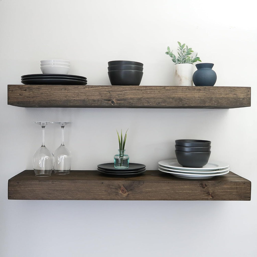 Modern Floating Shelves 3 Inches Thick for Wall, Wide Shelves for Kitchen, Living Room, Bedroom, and Bathroom, Natural Pine Wood, Rustic Wooden Shelf, (Set of 2) (Jacobean, 36Lx3Hx6D)