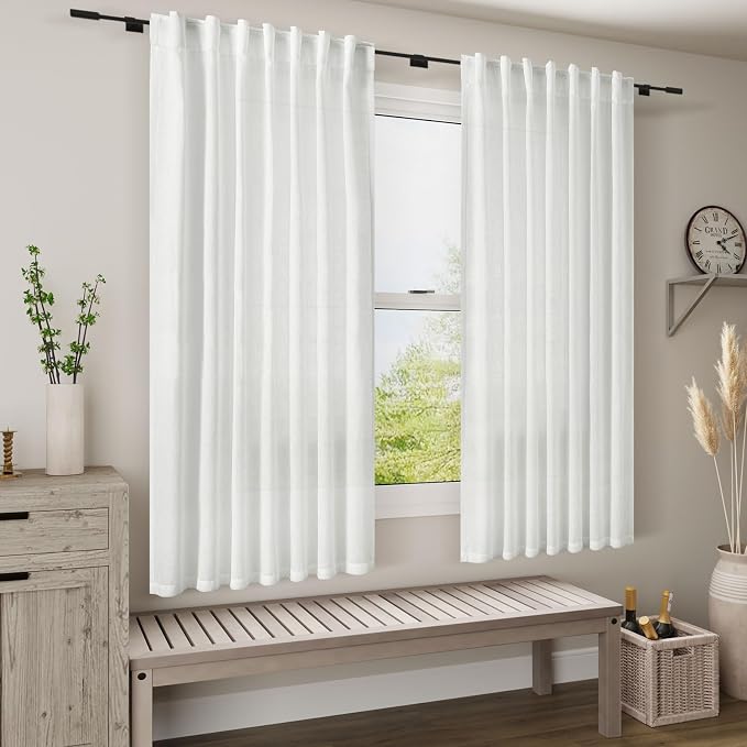White Short Linen Curtains 60 inches Long 2 Panels Set Back Tab Rod Pocket - Image 7