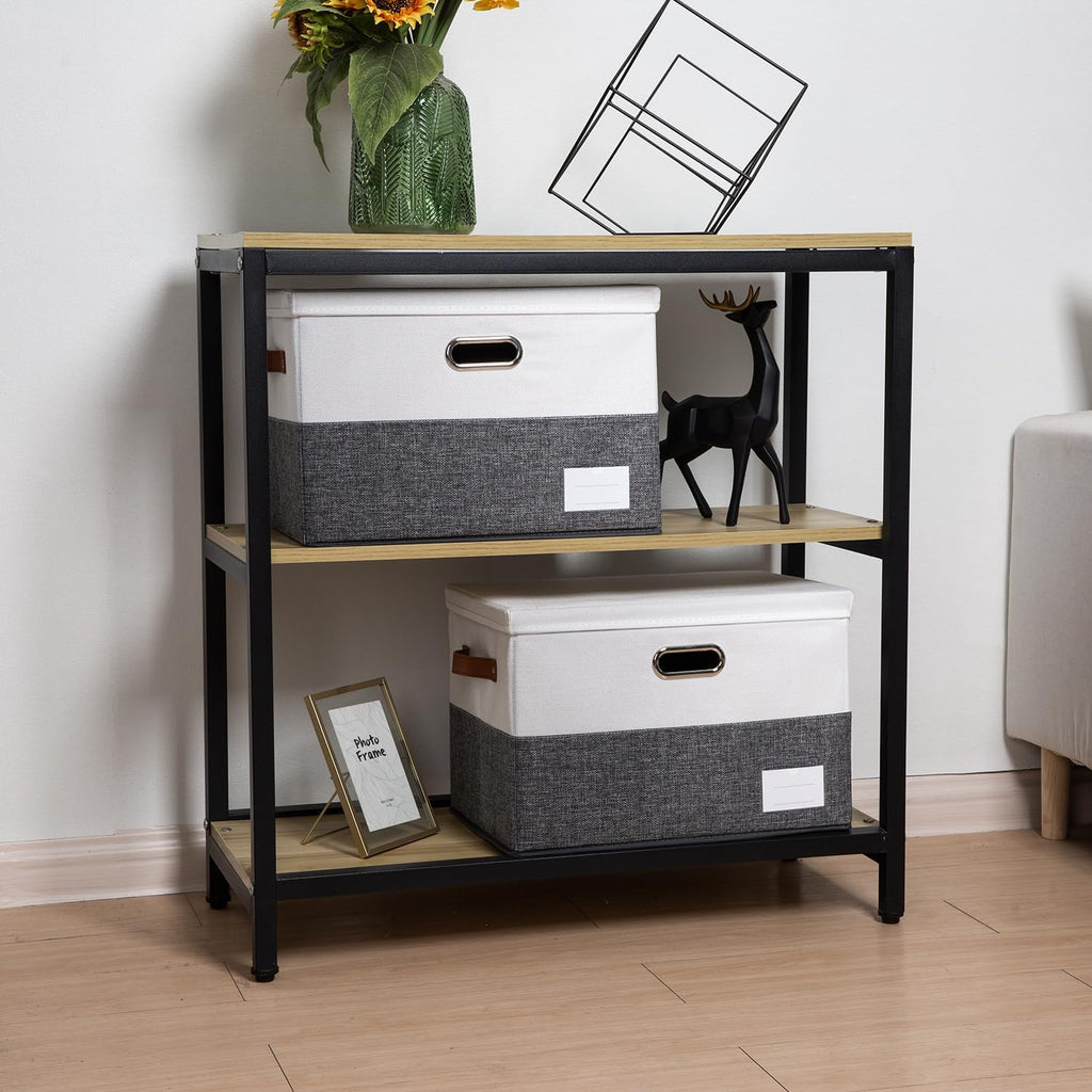 PRANDOM Foldable Storage Bins with Lids [3-Pack] Fabric Collapsible Storage Boxes Baskets Cubes Containers with Handles for Closet Living Room Bedroom (Grey & White 17.7x11.8x11.8'')
