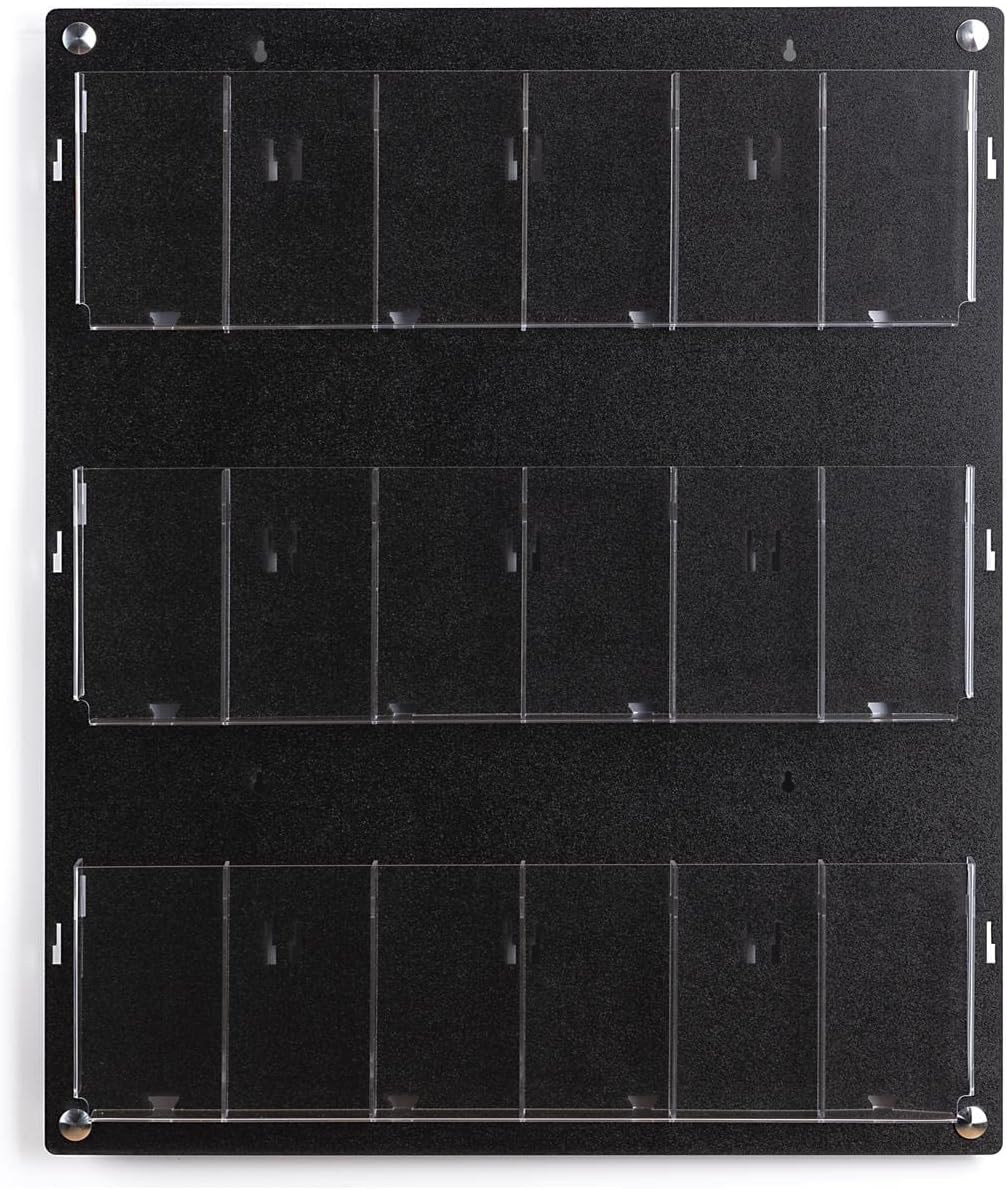 Displays2go Wall Mount Acrylic Brochure Holder, 9-18 Adjustable Pockets, Tiered Design - Black (2RP9BLK)