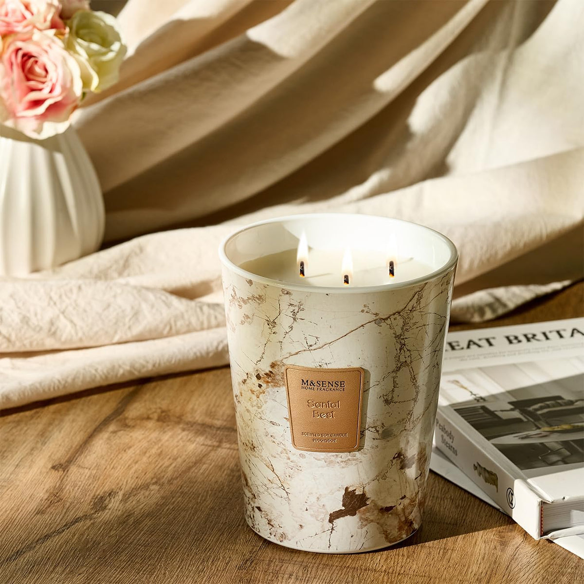 M&SENSE Santal Scented Candles for Home, Lead-Free Wick Highly Scented Jar Candles, 14.1 Oz 80 Hours Lasting Burning Candles Gifts for Women, Relaxing Aromatherapy Candle for Stress Relief