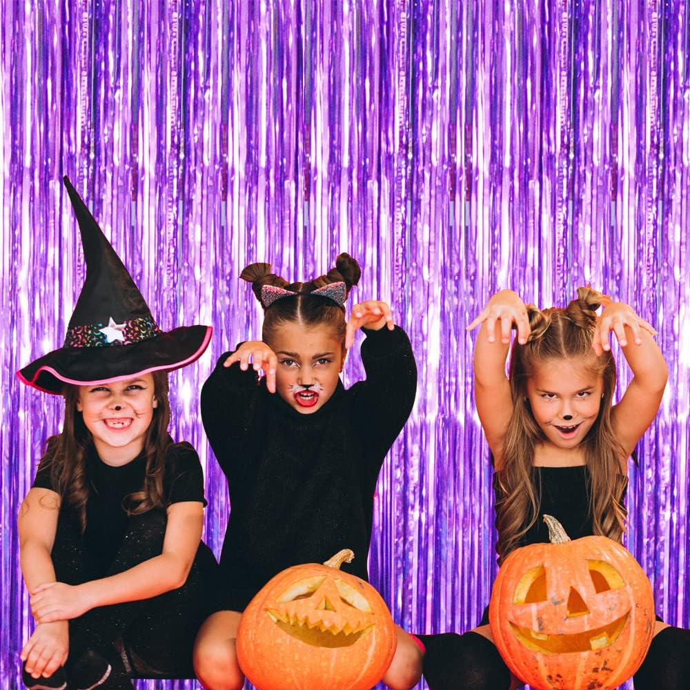 GOER 3.2 ft x 8.2 ft Metallic Tinsel Foil Fringe Curtains Party Photo Backdrop Party Streamers for Halloween Birthday,Graduation,New Year Eve Decorations Wedding Decor (4 Packs,Purple)
