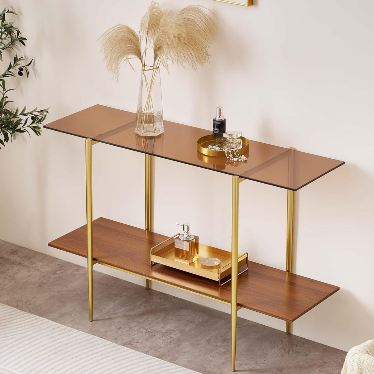 Extra Large Glass Console Table for Living Room, Foyer & Entrance, L47 x W16 x H31, Mid-Century Modern Sofa Table with Amber Glass Top, Walnut Finish Wood Top and Gold Finish Metal Frame