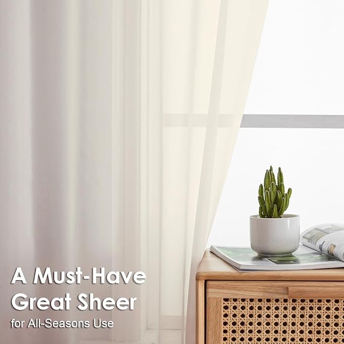 Cream Sheer Curtains 36 inch Length 2 Panels Set, Light Filtering Voile Rod - Image 3
