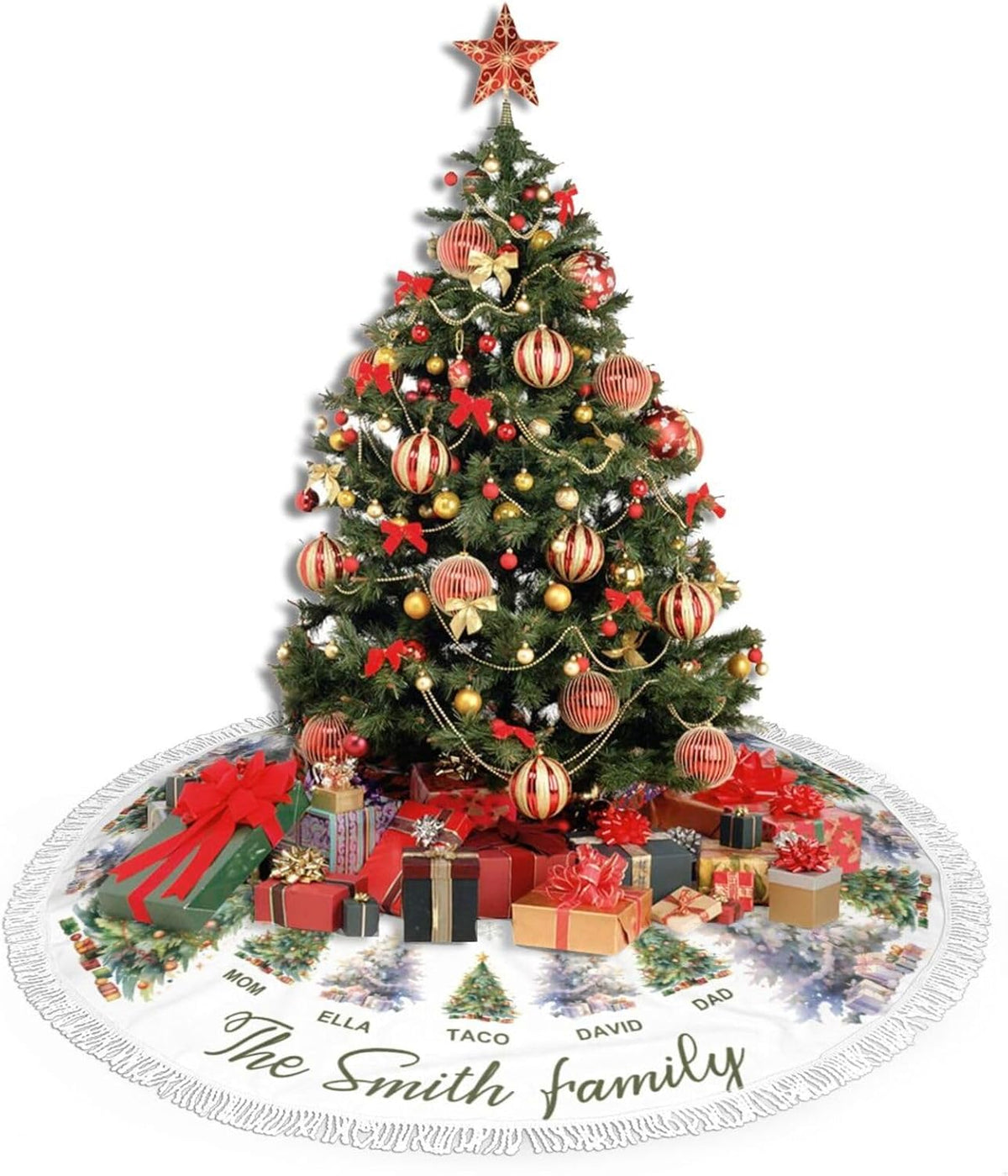Custom Family Tree Christmas Tree Skirt with Name, Personalized Holiday Xmas Tree Decor Gifts for Party Home, 30" - 48"