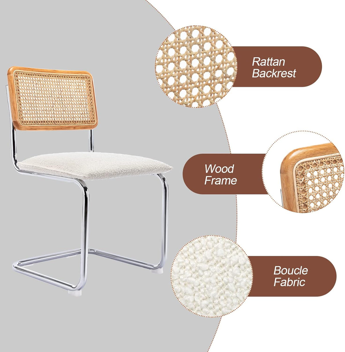 Mid Century Modern Rattan Dining Chairs Set of 2, Boucle Kitchen Chairs with Handwoven Mesh Rattan Backrest and Metal Legs, Upholstered Accent Side Chairs, White