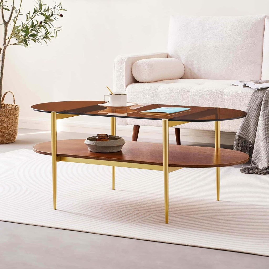 Oval Glass Coffee Table, Mid-Century Modern Design, L41 x W21 x H17 inch, for Living Room, 2-Tier Structure, Amber Glass Top and Walnut Finish Wood Shelf, Conical Legs with Gold Finish Frame