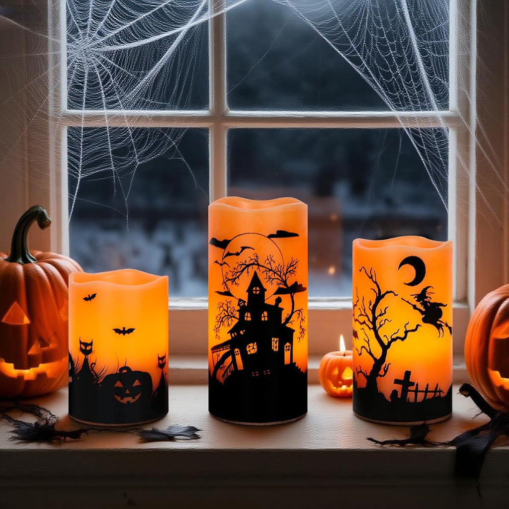 Wondise Halloween Rechargable Flickering Flameless Candles with 6H Timer, Battery Operated LED Real Wax Candles with Charging Base Set of 3 Halloween Home Decoration Gifts(3 x 4 5 6 Inch)