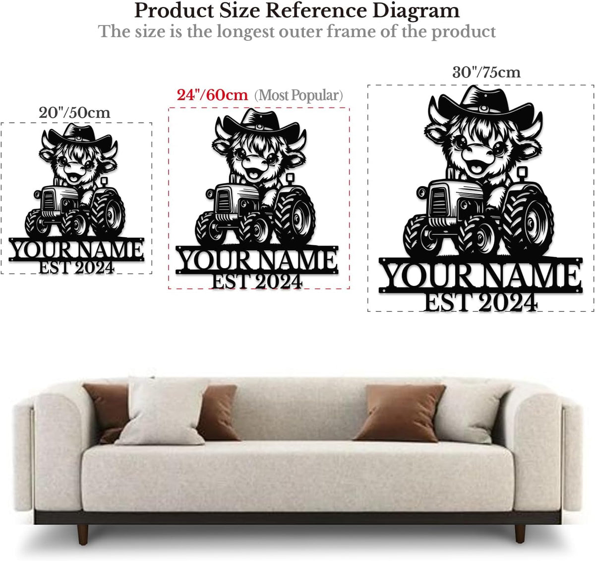 Personalized Highland Cow Name metal Signs,Custom Highland Cow Metal Shed Wall Decor,Black Metal Wall Art Plaques Outdoor wall Decorative Signage (Style B)