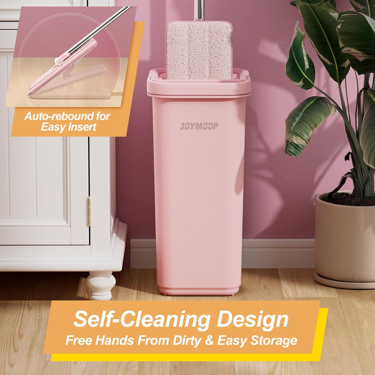 JOYMOOP Pink Mop and Bucket with Wringer Set for Home, with 3 Reusable Microfiber Mop Pads, Hands-Free Self-Cleaning System, Suitable for Floor Cleaning and Wall Cleaner