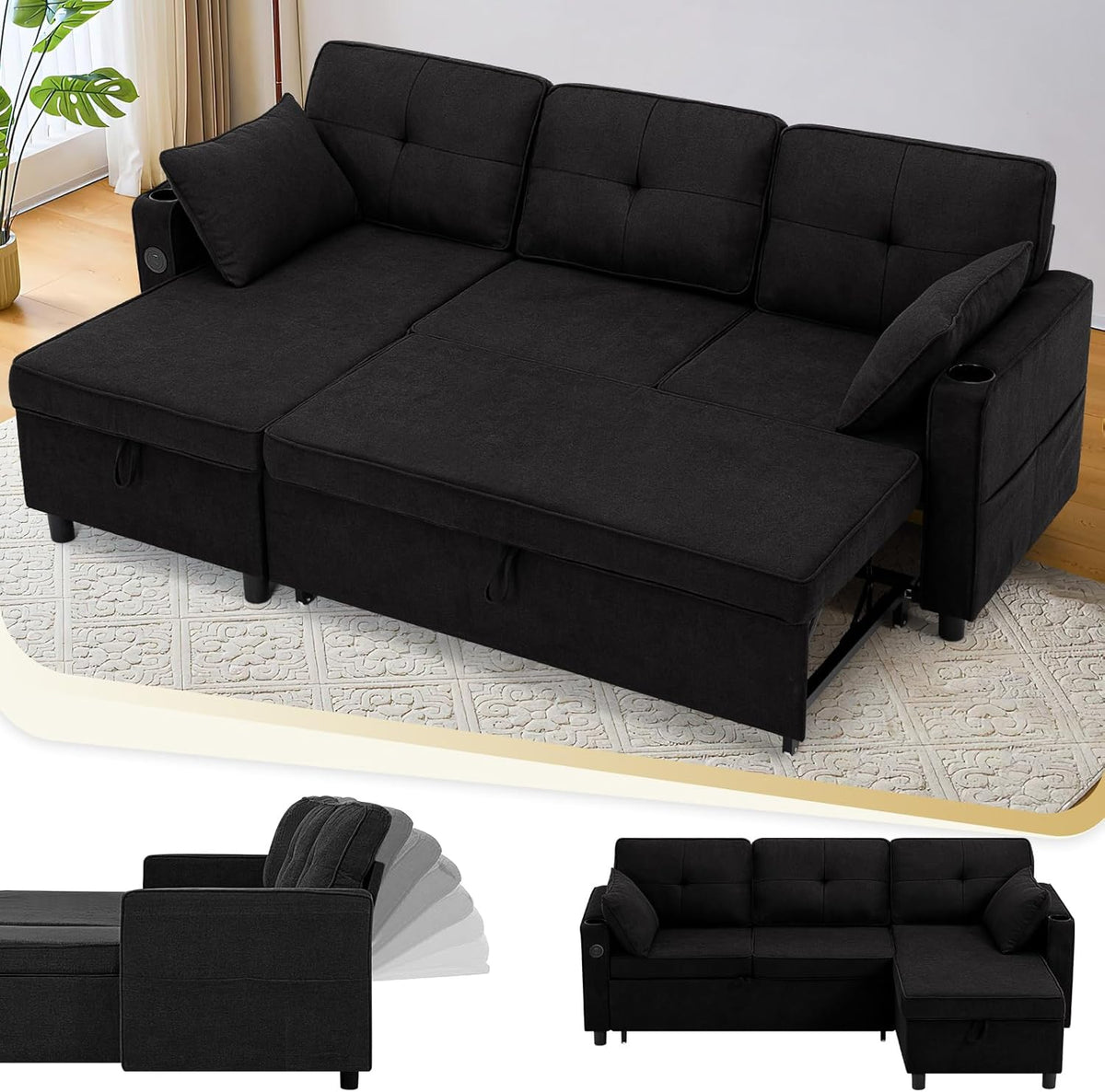 84 Inches Fabric Sectional Sofa w/Pull Out Sofa Bed & Adjustable Back, Tufted L Shaped Couch w/Storage Chaise, Sleeper Sectional Sofa w/USB Port & Cup Holders for Living Room, Black