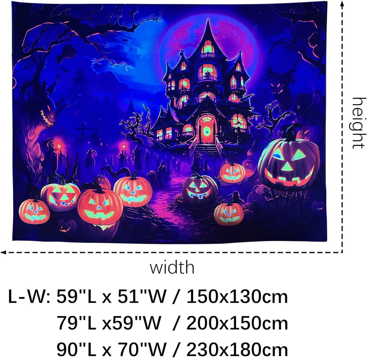 OSVINO Blacklight Halloween Castle Tapestry 79"x59" Pumpkins Ghosts Background Bedroom Aesthetic Hippie Room Decor Glow in The Dark Wall Poster for Halloween Easter