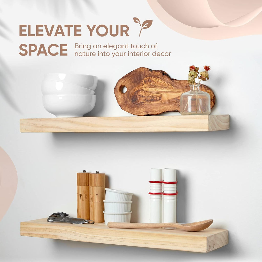 Homeforia 24 inch Natural Floating Shelf, High End Solid Real Wood 24inch Small Floating Shelves for Wall Mounted, Natural Wooden Floating Shelves, Heavy Duty Bracket, 24 X 6.5 X 1.75 in, Set of 2