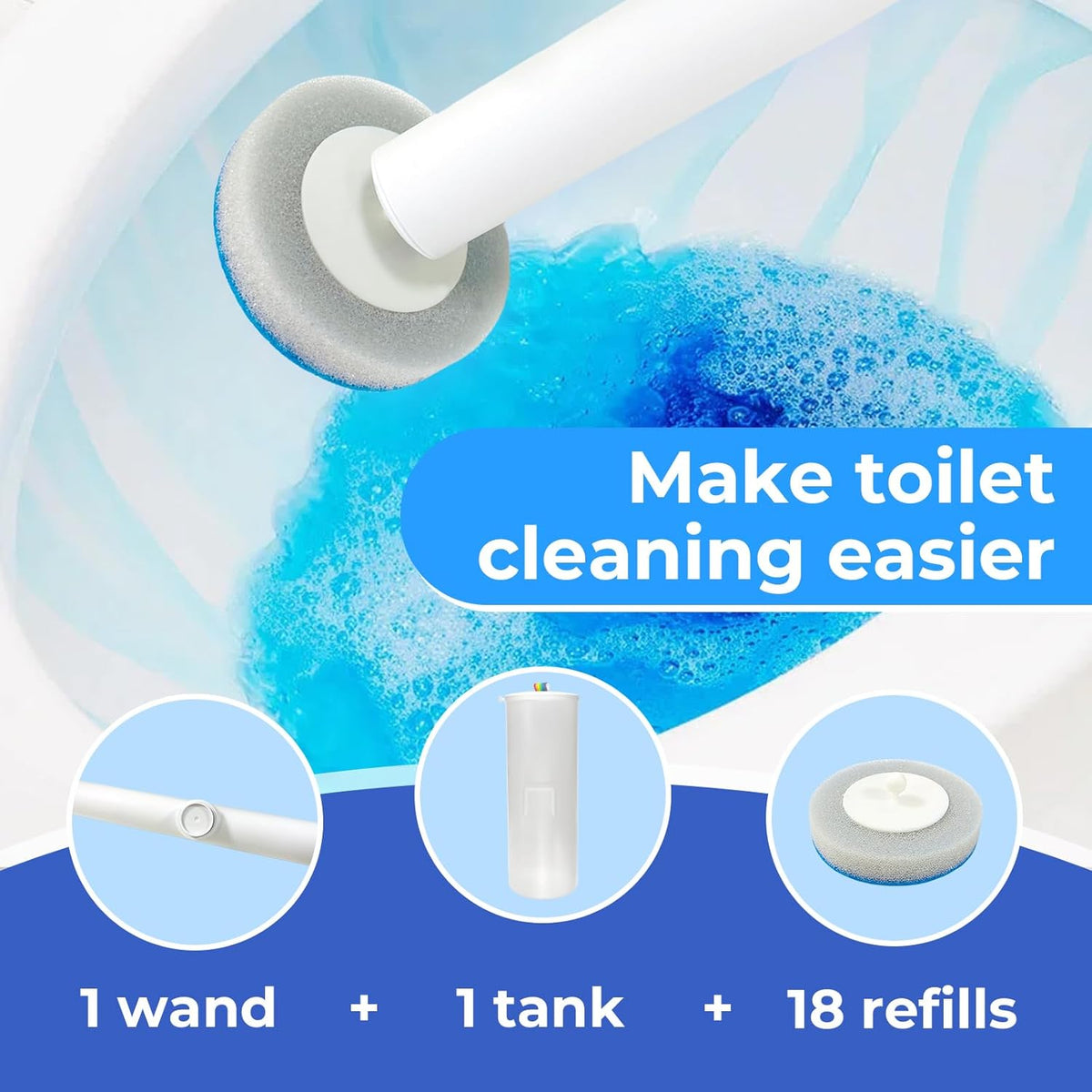 Disposable Toilet Brush&Holder with 18pcs Refills Pads, Toilet Cleaning Kit System,Toilet Bowl Cleaner Wand Holder and Set (1 Wand+1 Caddy+18 Refills)