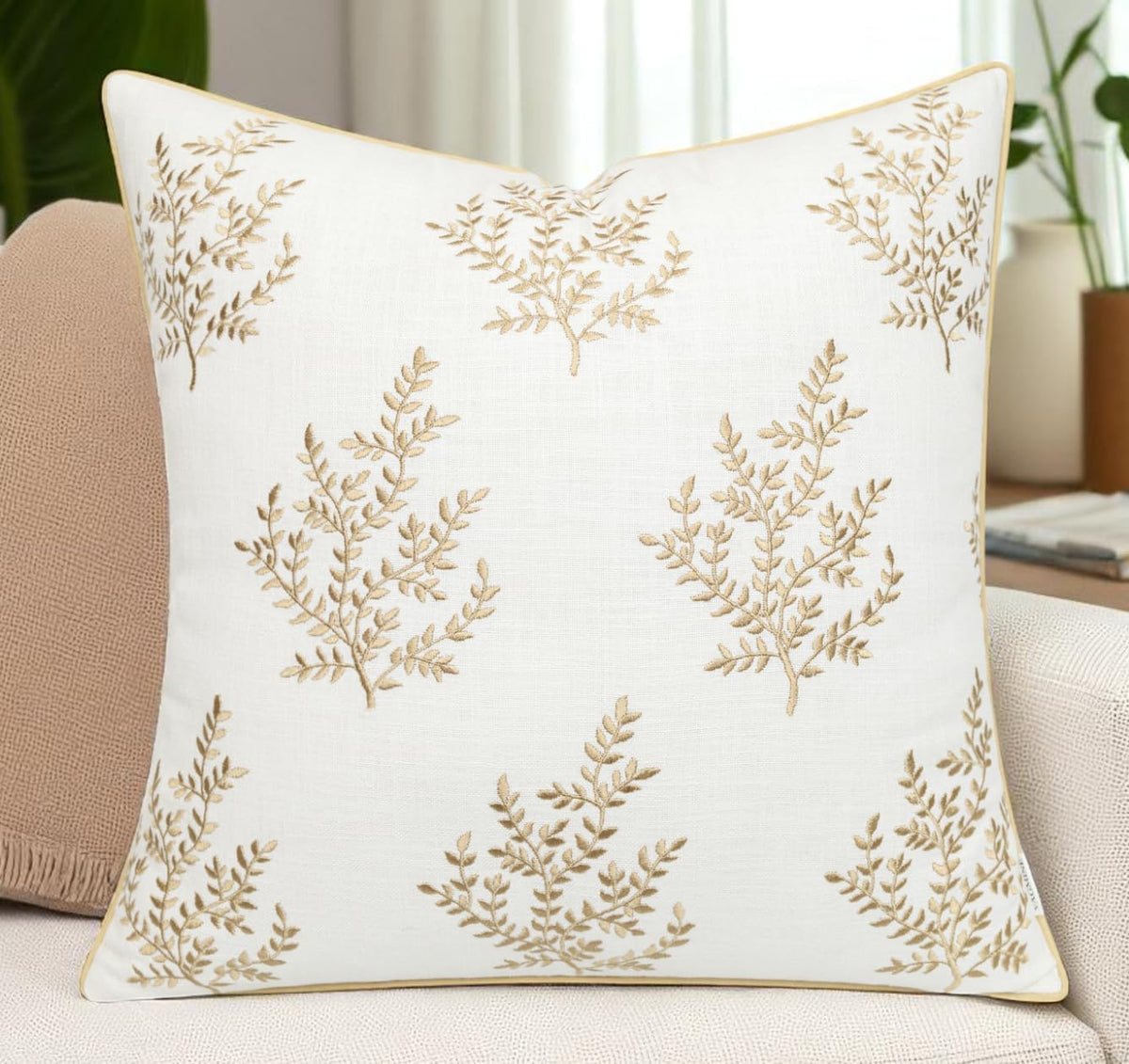 VAGMINE Embroidered Leaves Throw Pillow Cover - 18x18 Inches Square - 100% Cotton Ivory Decorative Cushion Cover - Minimalistic Pattern - Soft Neutral Accent for Sofa, Bed, Couch, Farmhouse Décor