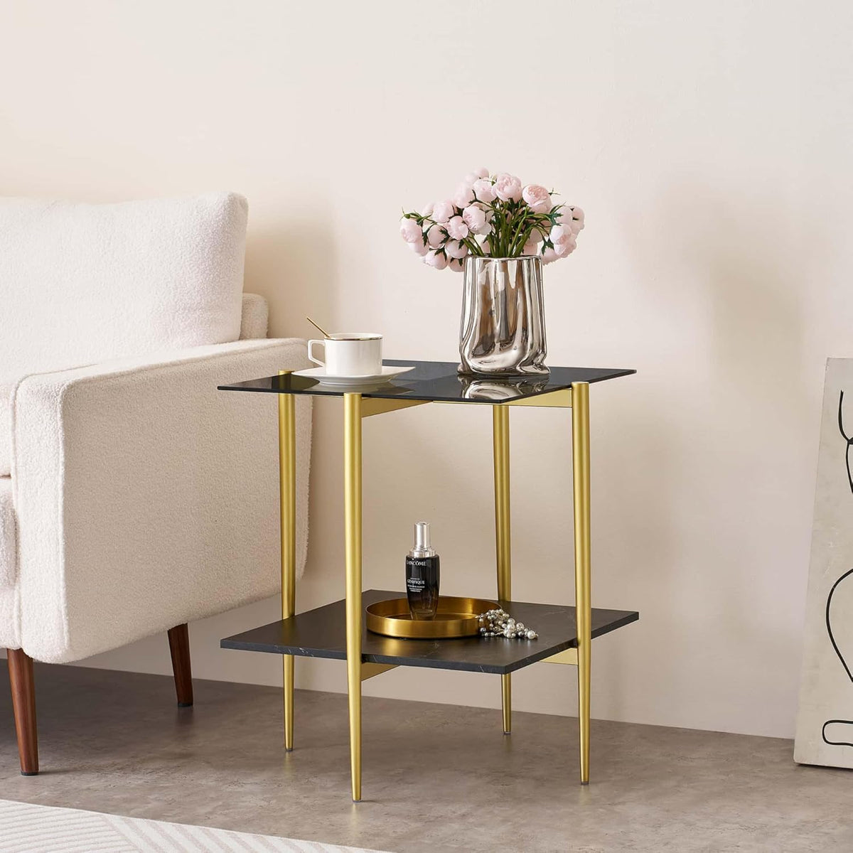 Glass End Table, Mid-Century Modern Design Sofa Table, for Living Room, L18 x W18 x H23 in, Clear Glass Top and Walnut MDF Shelf, Sleek Conical Metal Legs with Gold Finish Frame