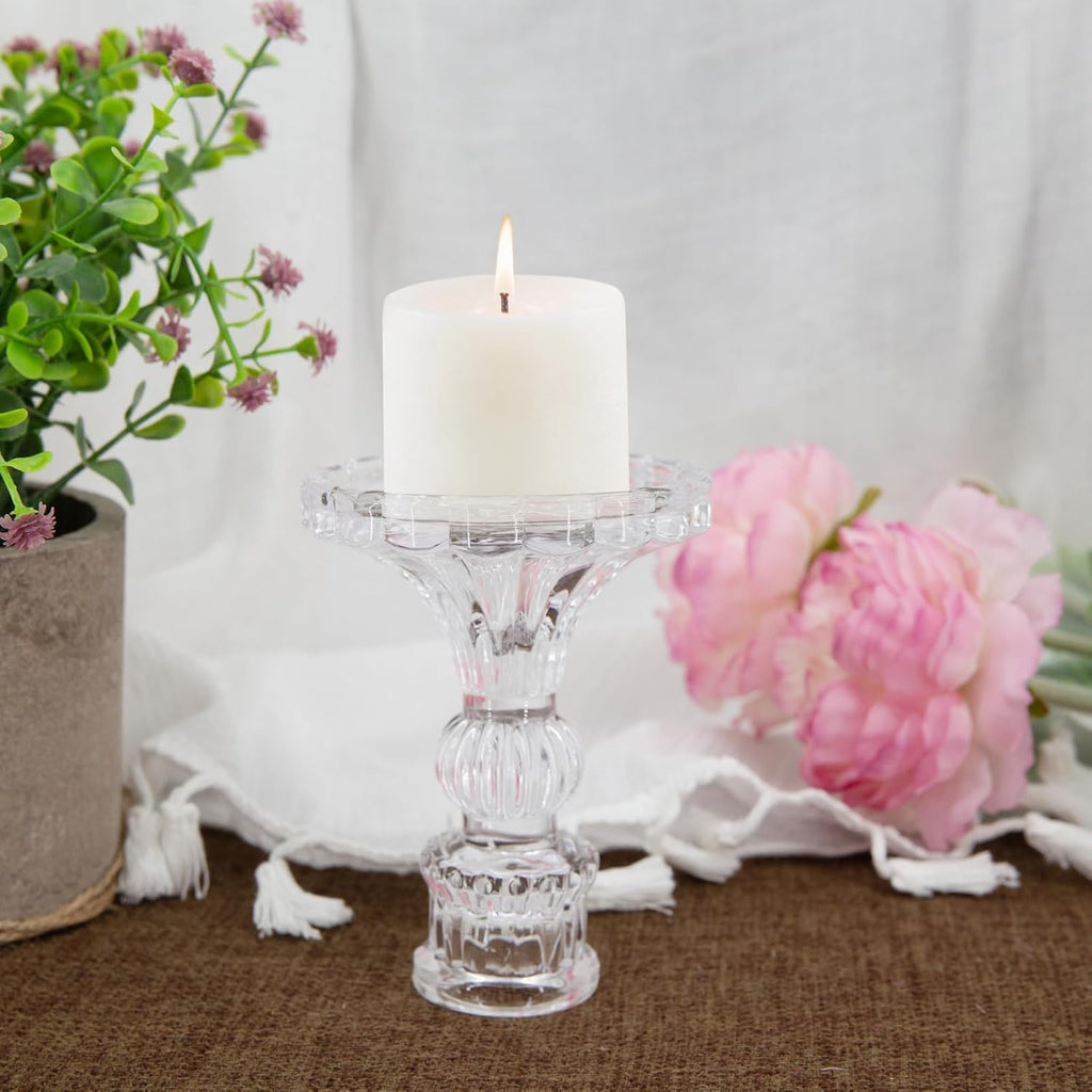 12 Pack Glass Candlestick Holders- Clear Taper Stripe Candle Holders for Candlesticks, 4" H Taper Candle Holders Small Centerpiece for Wedding, Festival, Party & Windowsill Decor