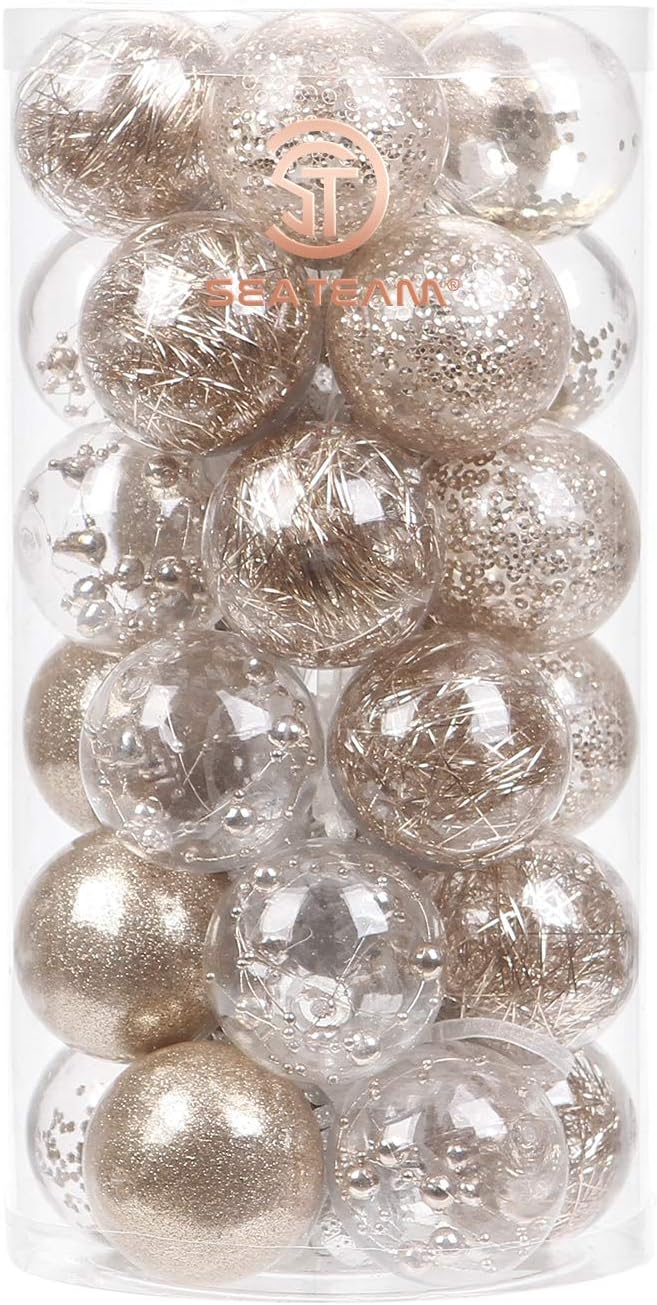Sea Team 50mm/1.97" Shatterproof Clear Plastic Christmas Tree Ball Ornaments Set, Decorative Hanging Transparent Xmas Baubles with Stuffed Delicate Decorations (30 Counts, Champagne)