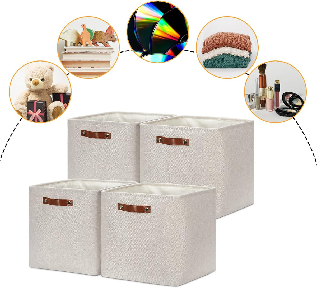 DULLEMELO Storage Bins, 4 Pack Of 13x13x13 Decorative Storage Cube Bins Suit Office, Home, Shelves And Closet, Cube Storage Bin with Leather handle(4 Pack - 13" Beige)