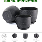 9/8/7.5 inch Plant Pots, Set of 3 Modern Decorative Plastic Planters with Drainage Holes and Saucer for Garden House Plants, Flower Pots for Indoor Outdoor Plants, Speckled Black