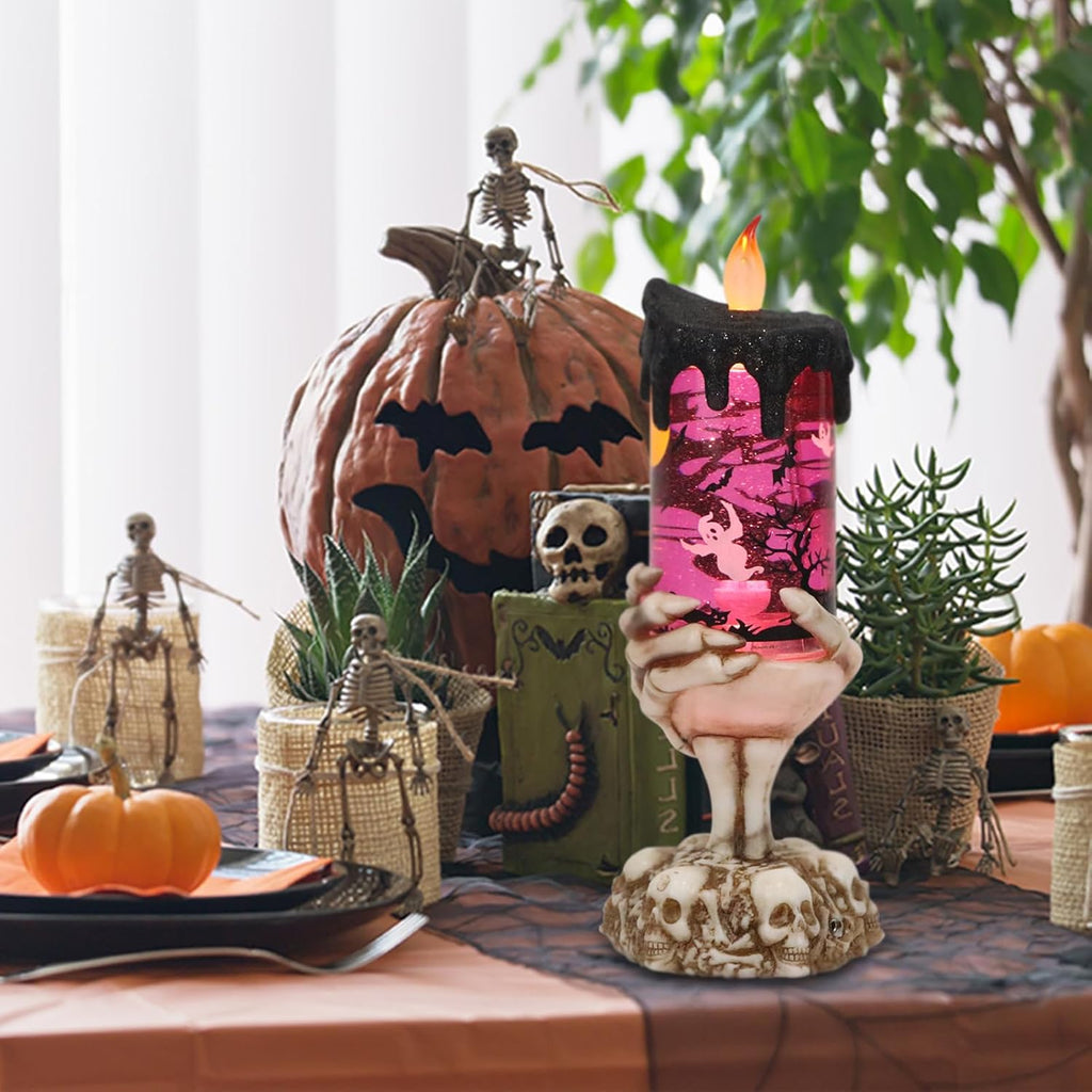 Eldnacele Halloween Snow Globe Candles Lighted Lamp USB Powered Battery Operated Spooky Spinning Water Glittering Tornado Flameless Candles Skeleton Hand Holder Halloween Centerpiece Decor(Ghost)