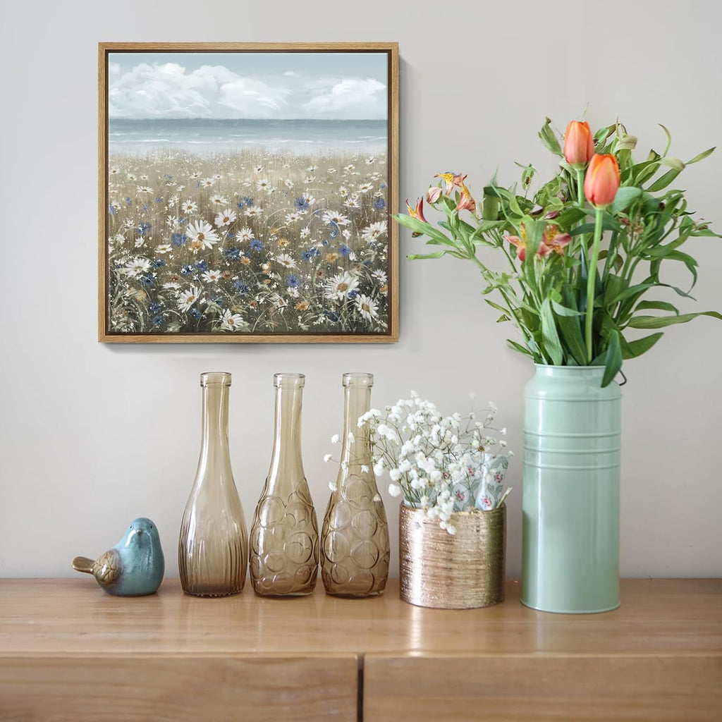 amatop Framed Wall Art Bathroom Décor Boho Beach Coastal Vintage Floral Wall Picture Flower Daisy Flowers by Sea Canvas Print Nautical Small Artwork For Home Farmhouse Living Room Bedroom Office